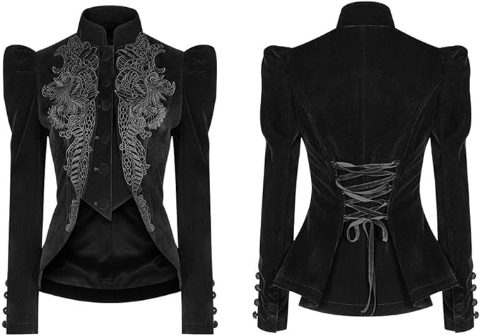Women Gothic Jacket Black Vintage Victorian Stage Performance Costume Long Sleeve Lace Velvet Short Tailcoat from Amazon