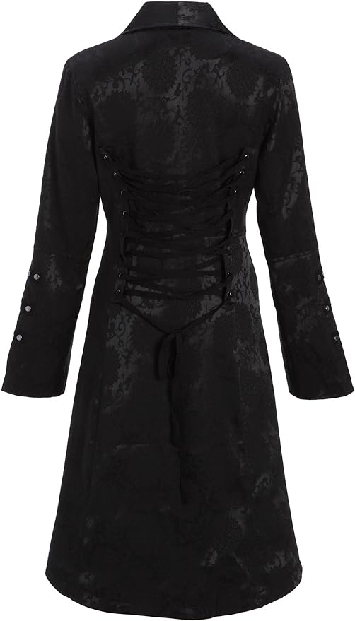 Womens Black Brocade Gothic Steampunk Floral Jacket Pirate Coat back side from Amazon