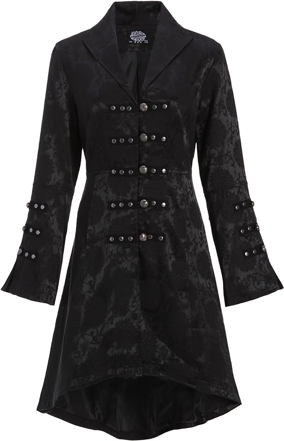 Womens Black Brocade Gothic Steampunk Floral Jacket Pirate Coat front from Amazon