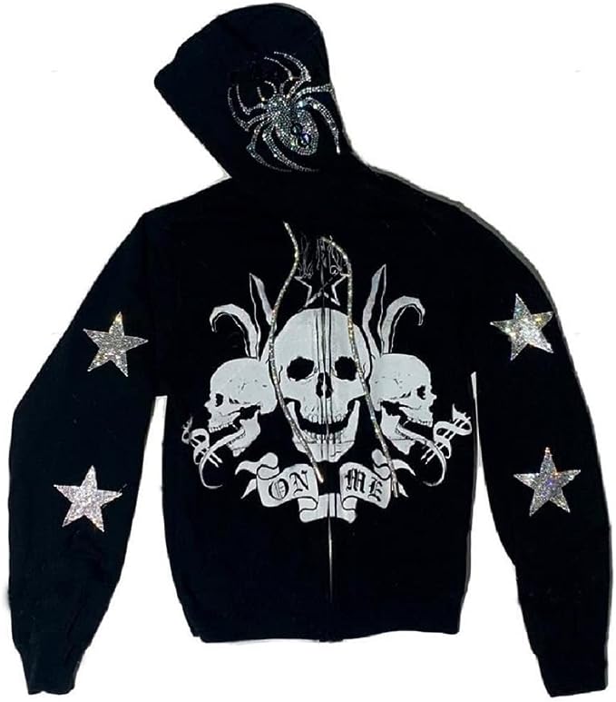 YEOU Women Rhinestone Y2K Spider Skeleton Hoodies Punk Jackets Streetwear Goth Harajuku Oversized Zip Up Hoodie Black front from Amazon