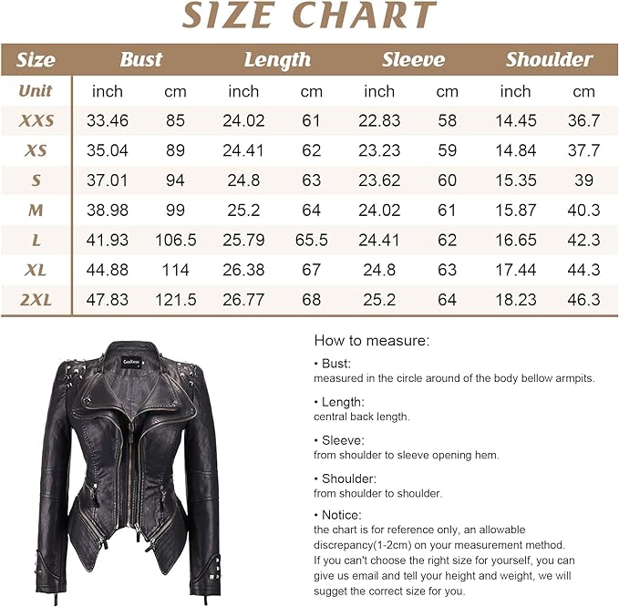 chouyatou Women's Fashion Studded Perfectly Shaping Faux Leather Biker Jacket Size Chart from Amazon