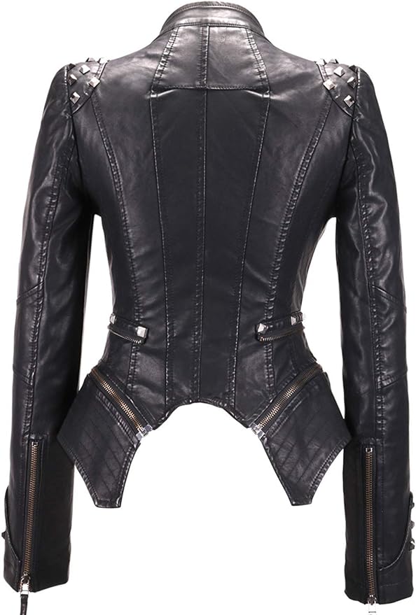 Black chouyatou Women's Fashion Studded Perfectly Shaping Faux Leather Biker Jacket back side from Amazon