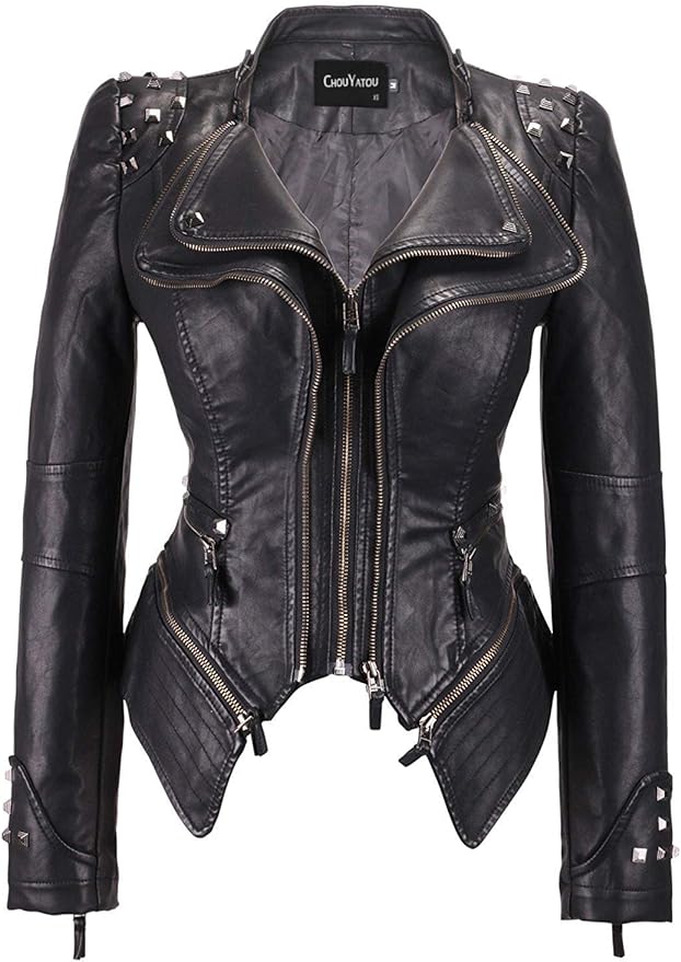 Black chouyatou Women's Fashion Studded Perfectly Shaping Faux Leather Biker Jacket front from Amazon