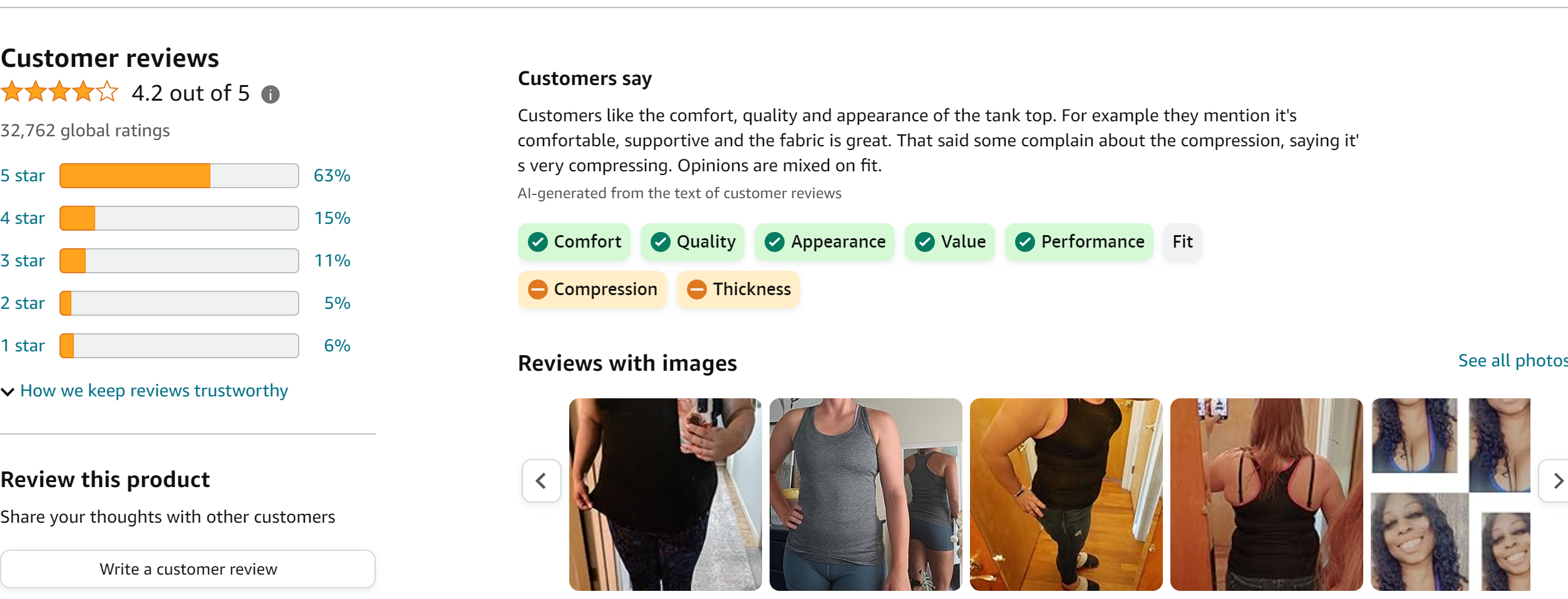 NELEUS Women's 3 Pack Compression Base Layer Dry Fit Tank Top from Amazon Reviews (screenshot taken on 2024-2-21)