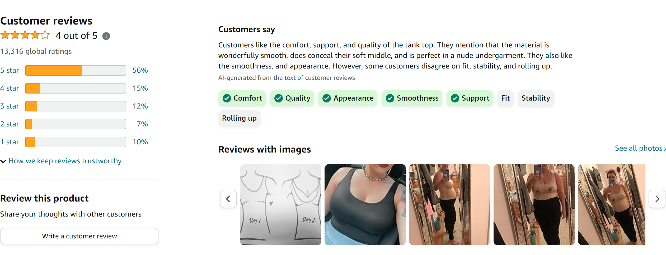 Maidenform Women's Comfort Devotion Shapewear Tank Top, Firm Control Smoothing Cami from Amazon Reviews (screenshot taken on 2024-2-21)