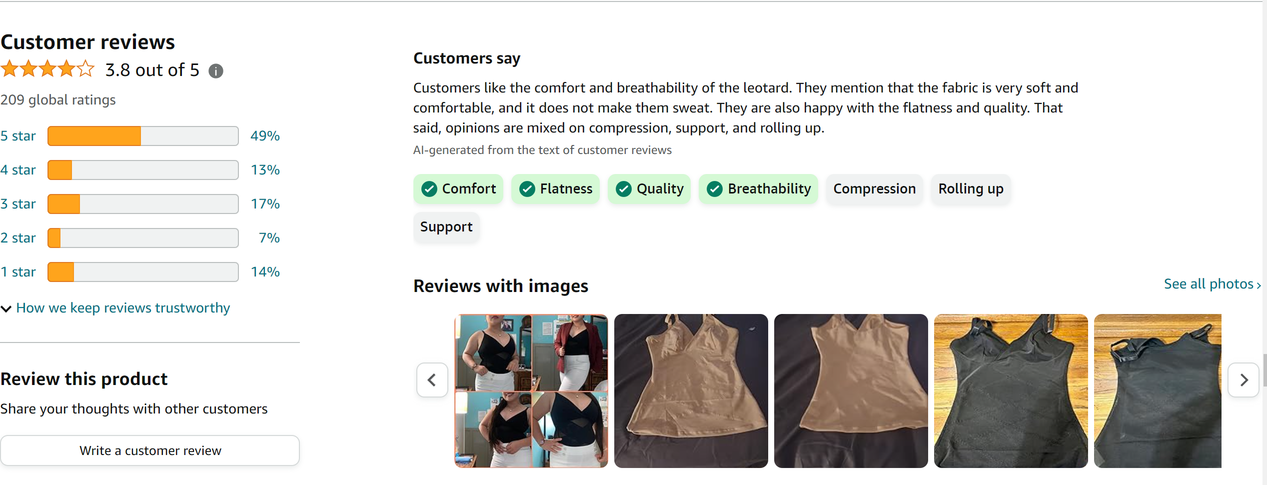 QACIVIQ Body Shaper for Women Tummy Control Shapewear Compression Tanks Cami Tops V-Neck Camisoles with Built in Bra from Amazon Reviews (screenshot taken on 2024-2-21)