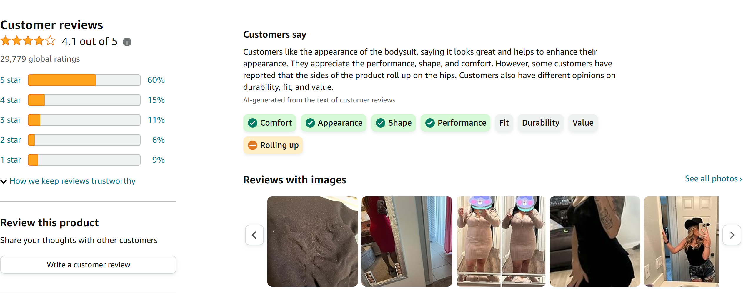 SHAPERX Bodysuit for Women Tummy Control Shapewear Seamless Sculpting Thong Body Shaper Tank Top from Amazon Reviews (screenshot taken on 2024-2-21)