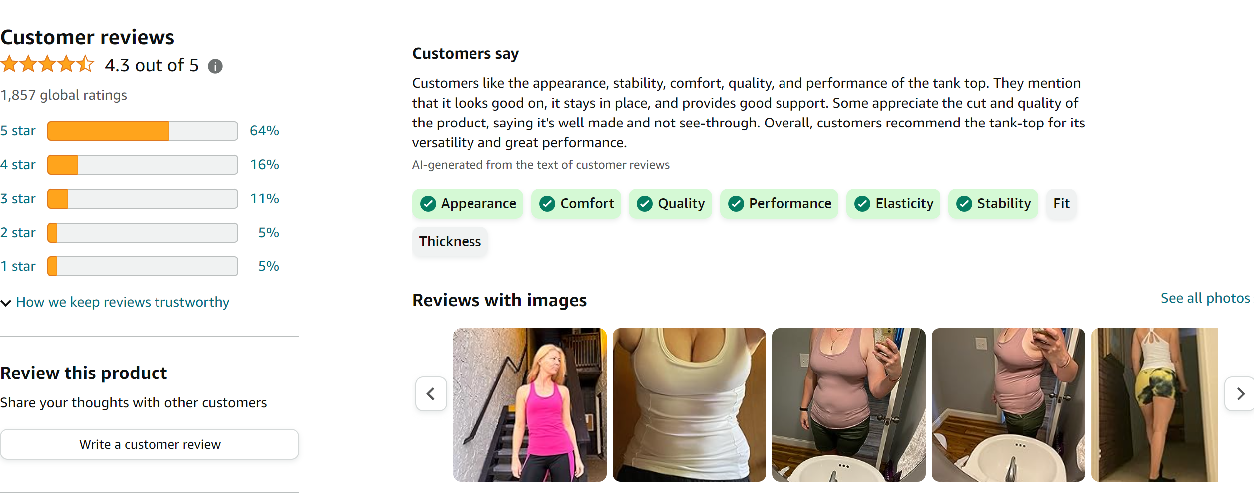 RUNNING GIRL Compression Tank Tops Women,Long Workout Tops with Built in Bra Plus Size Cotton White Under Shirts from Amazon Reviews (screenshot taken on 2024-2-21)