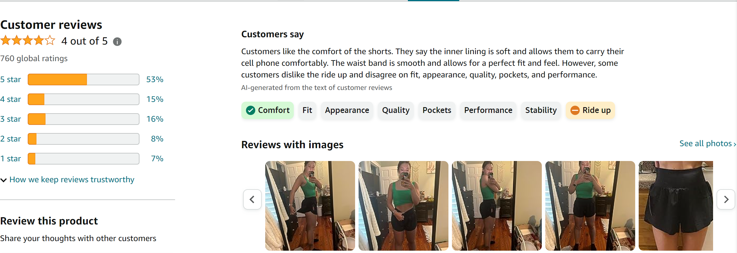 THE GYM PEOPLE Women’s Quick Dry Running Shorts Mesh Liner High Waisted Tennis Workout Shorts Zipper Pockets from Amazon Reviews (screenshot taken on 2024-2-23)