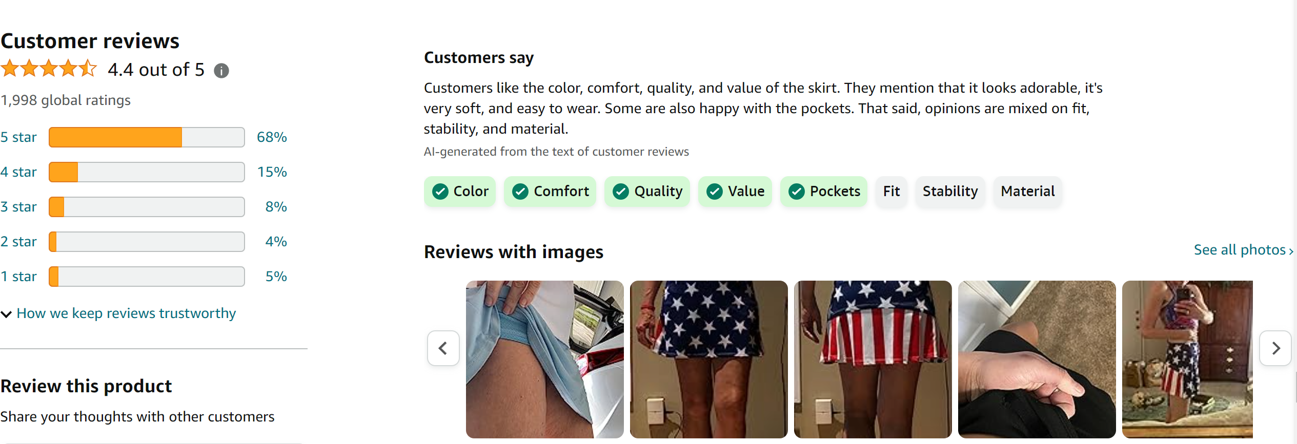Ibeauti Womens Back Pleated Athletic Tennis Skorts Golf Skirts with 3 Pockets Mesh Shorts for Running Active Workout from Amazon Reviews (screenshot taken on 2024-2-27) [not only American flag print]