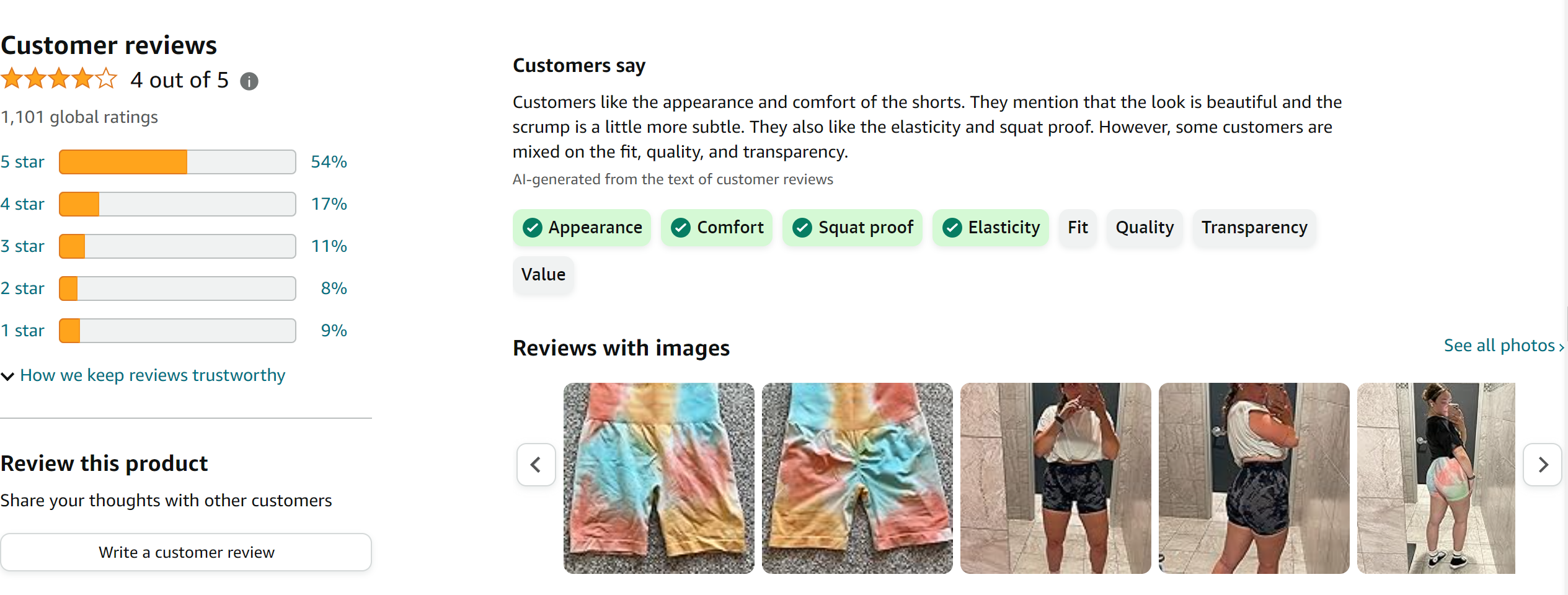 MAXXIM Women's High-Waisted Seamless Compression Biker Shorts - Tie Dye and Solid Ideal for Gym, Yoga, Running, and Fitness from Amazon Reviews (screenshot taken on 2024-2-29)