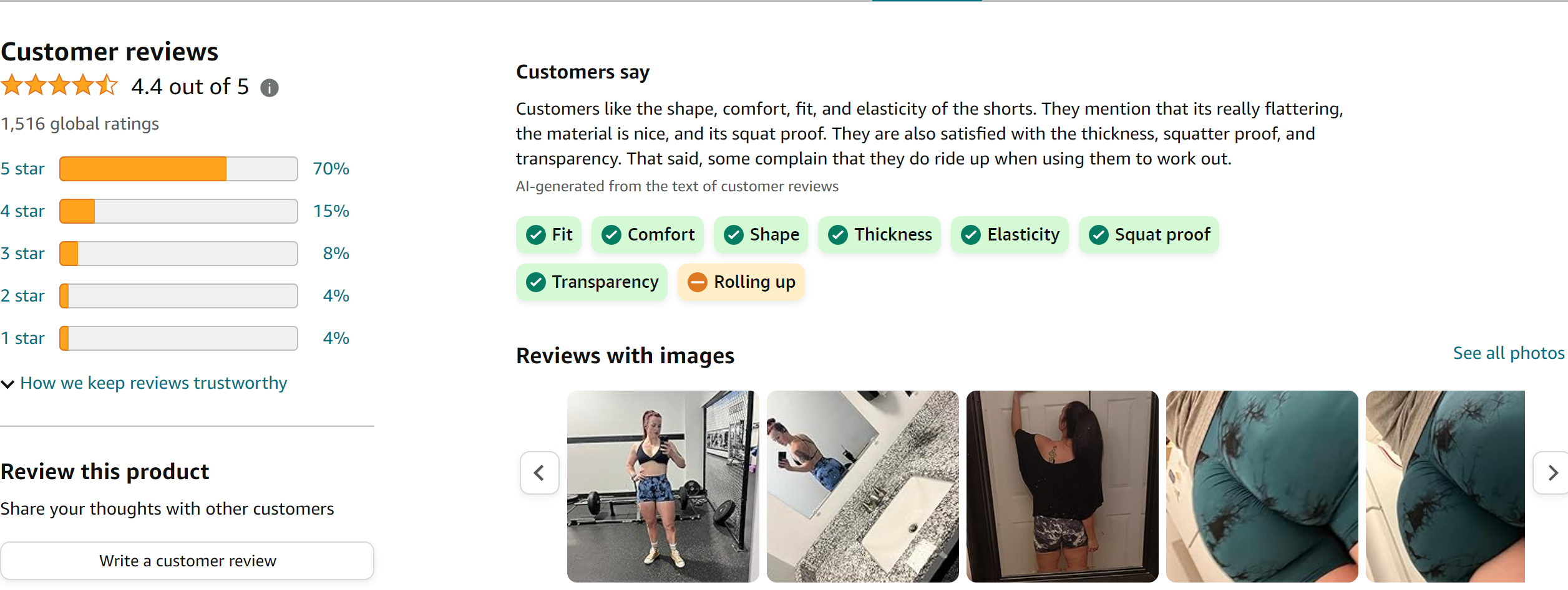 YEOREO Professional Women Workout Shorts 3.6 inch Scrunch Shorts Seamless High Waisted Contour Gym Yoga Biker Shorts from Amazon Reviews (screenshot taken on 2024-2-29)