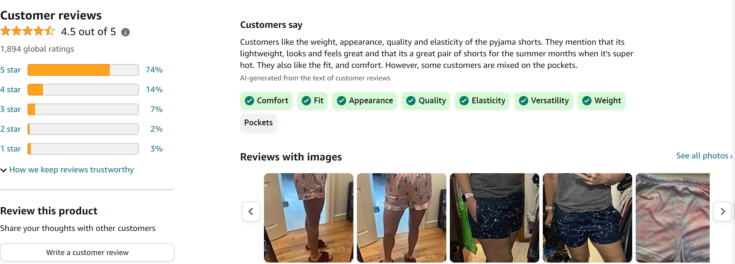 Ekouaer Women Pajama Shorts Comfy Lounge Bottom with Pockets Stretch Strip Sleepwear Drawstring Pj Bottoms Sleep Shorts from Amazon  Reviews (screenshot taken on 2024-2-29)