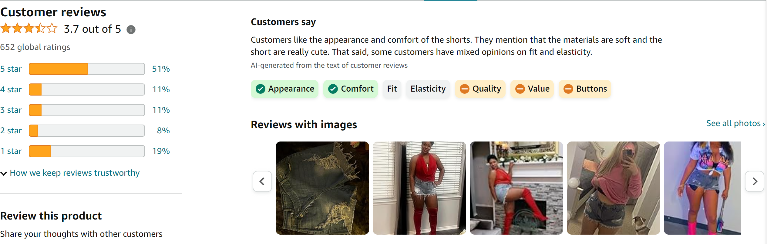 JTNFairy Women's Ripped Denim Shorts Mid Rise Frayed Skinny Casual Summer Jeans from Amazon Reviews (screenshot taken on 2024-2-29)