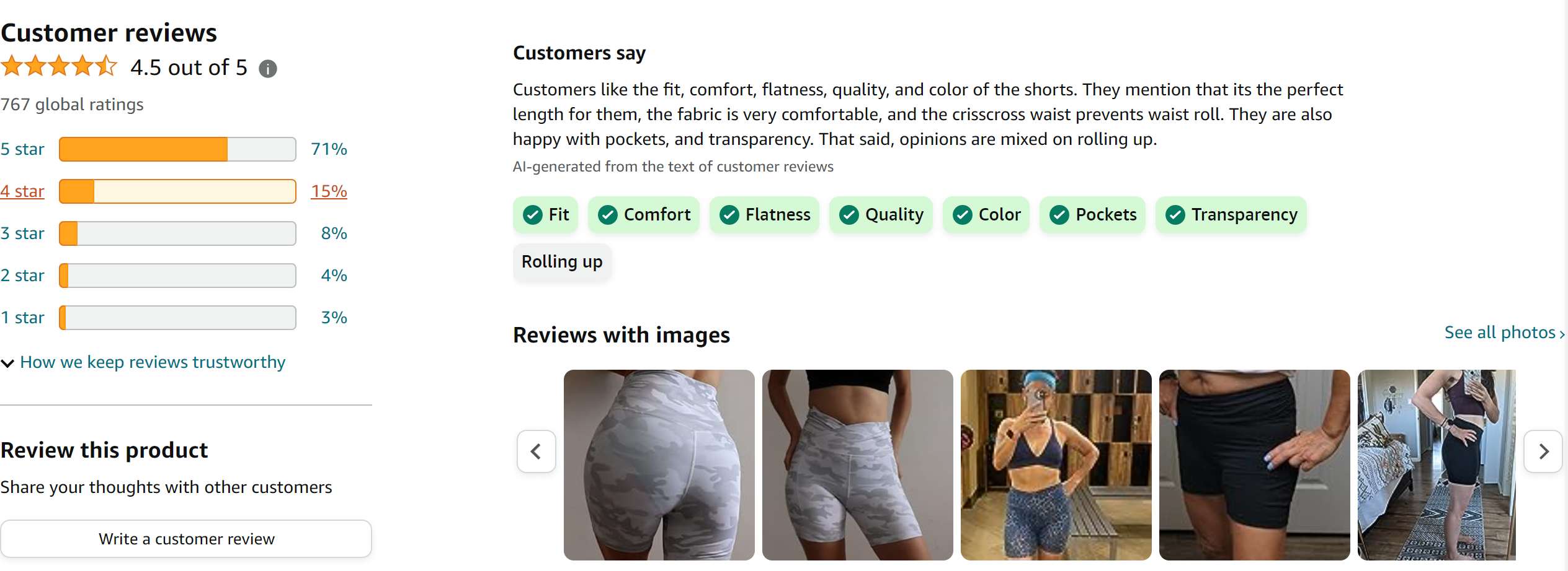ODODOS Gathered Cross Waist Yoga Shorts for Women, 5 inch Crossover Sports Athletic Workout Running Biker Shorts from Amazon Reviews (screenshot taken on 2024-2-29)