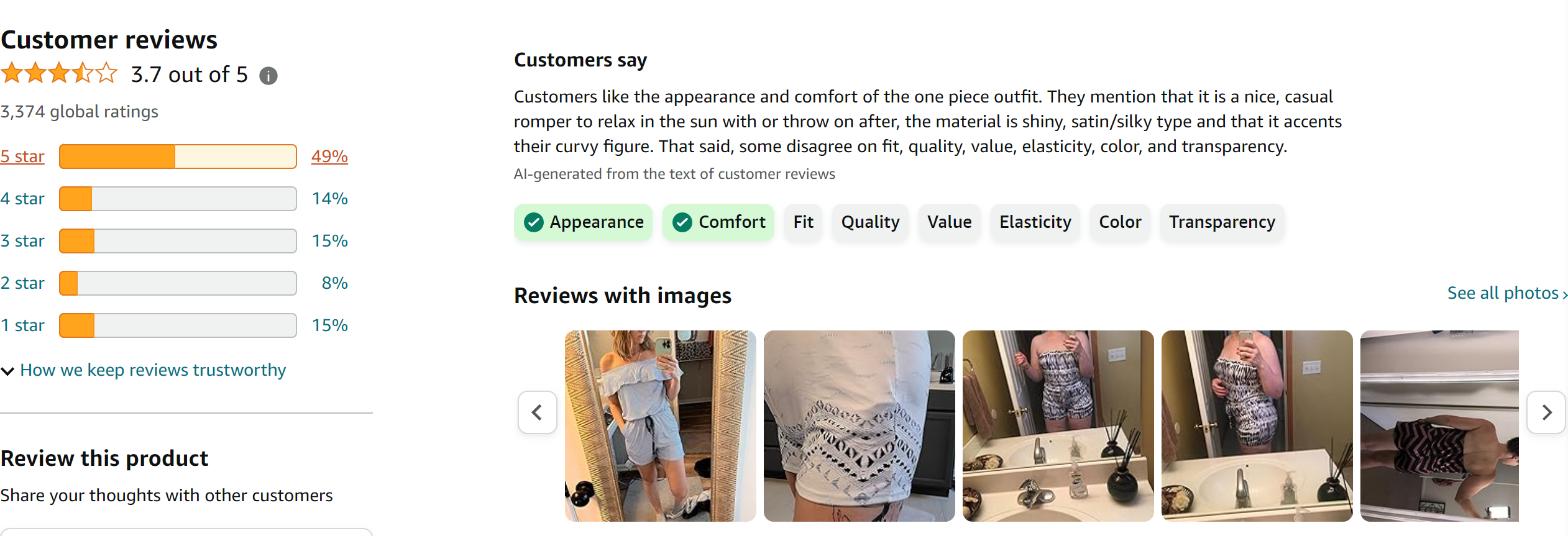 Sexyshine Women Strap Off Shoulder Printed Beachwear Tank Short Romper Jumpsuits from Amazon Reviews (screenshot taken on 2024-2-29)