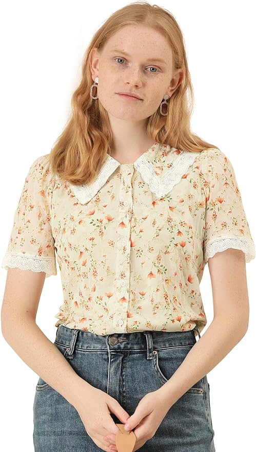 Allegra K Women's Peter Pan Collar Shirt Lace Trim Floral Embroidered 1940s Peasant Blouse front from Amazon