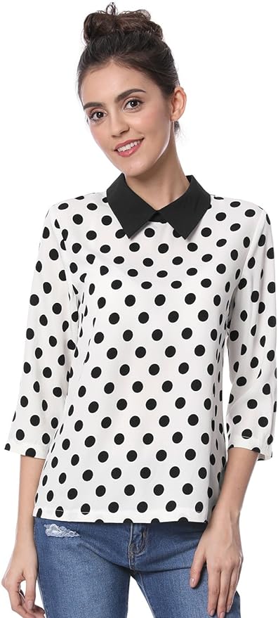 Allegra K Women's White Polka Dots Contrast Peter Pan Collar Top 3/4 Sleeves Blouse Shirt front from Amazon