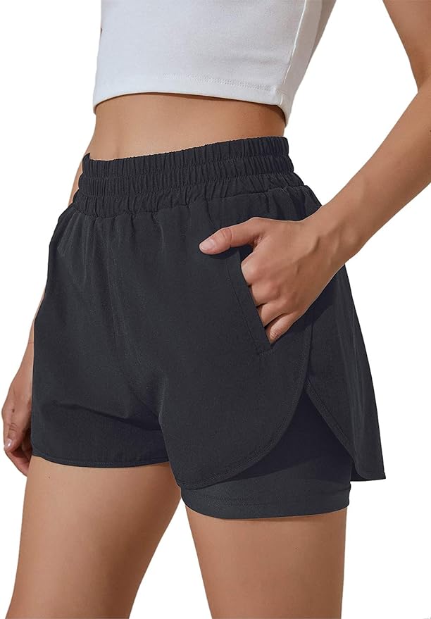 BMJL Women's Running Short Elastic Waistband High Waisted Short Pocket Sporty Workout Short Gym Athletic Short Pant front from Amazon