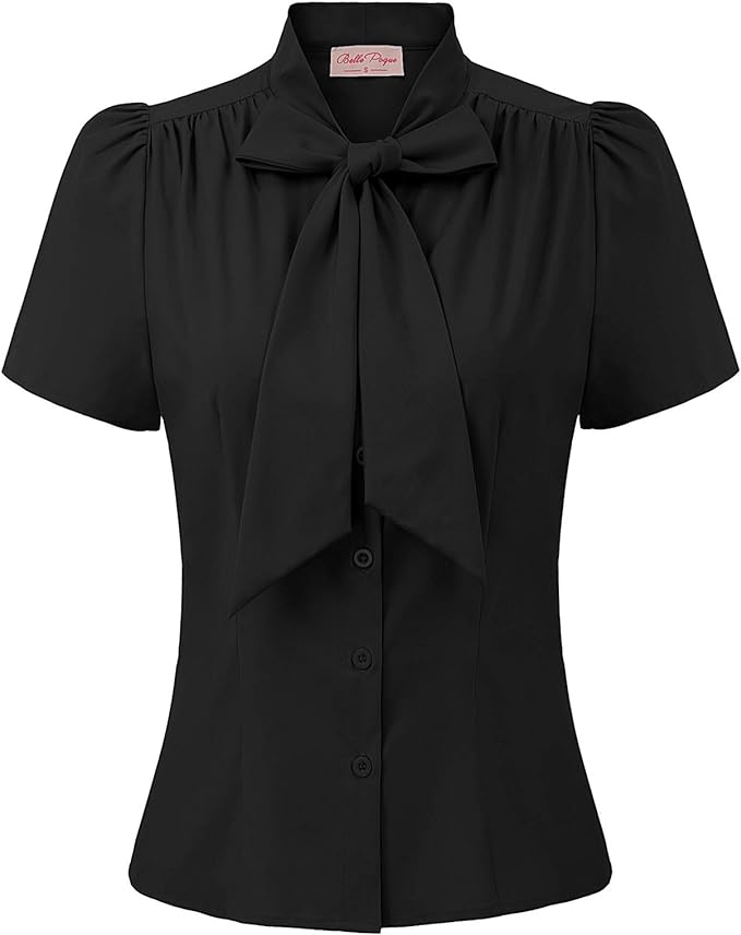 Belle Poque Summer Black Short Sleeve Office Button Down Blouse Stripe Shirt Tops with Bow Tie BP573 front from Amazon