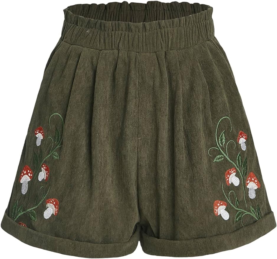 COZYEASE Women's Plants Embroidery Corduroy Shorts Paperbag Waist Elastic Waist Straight Leg Casual Shorts front from Amazon