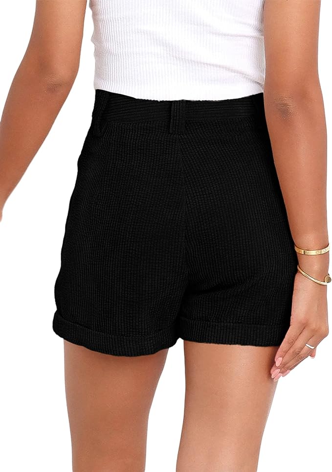 Black Danedvi Womens Summer Shorts Mid-Waist Cuffed Hem Corduroy Shorts with Pockets back side from Amazon