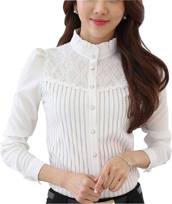 Double Plus Open White Womens Vintage Collared Button Down Shirt Long Sleeve Lace Stretch Blouse front from Amazon