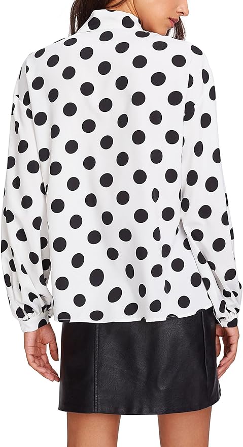 Floerns Women's White Polka Dot Printed Bow Tied Neck Lantern Long Sleeve Workwear Shirts Blouse back side from Amazon