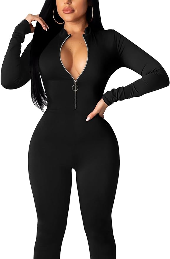 GOBLES Black Women's Sexy Long Sleeve Front Zipper Mock Neck Bodycon Jumpsuit Rompers from Amazon
