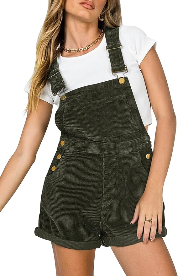 Plffkfly Green Women Corduroy Short Overalls Romper Jumpsuit Casual Adjustable Straps Cute Plain Overall With Pockets front from Amazon