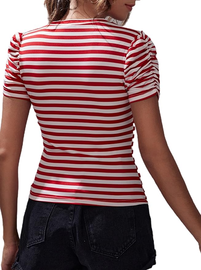 LilyCoco Women's Red White Striped Short Puff Sleeve Slim Fit Round Neck Blouse Shirt Tops back side from Amazon