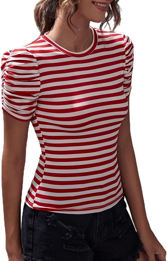 LilyCoco Women's Red White Striped Short Puff Sleeve Slim Fit Round Neck Blouse Shirt Tops front from Amazon