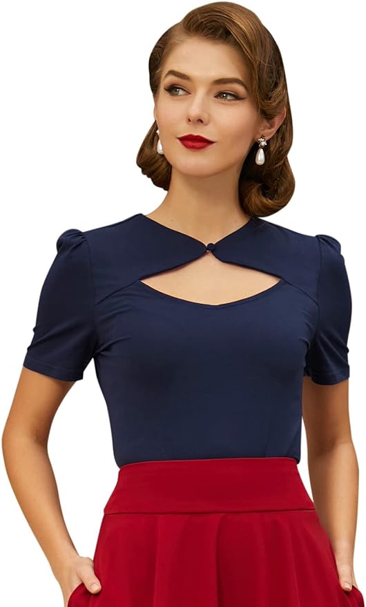Model with Belle Poque Navy Blue Women’s Hollowed-Out Tops 1950s Retro Vintage Short Sleeve Cotton Blouse from Amazon