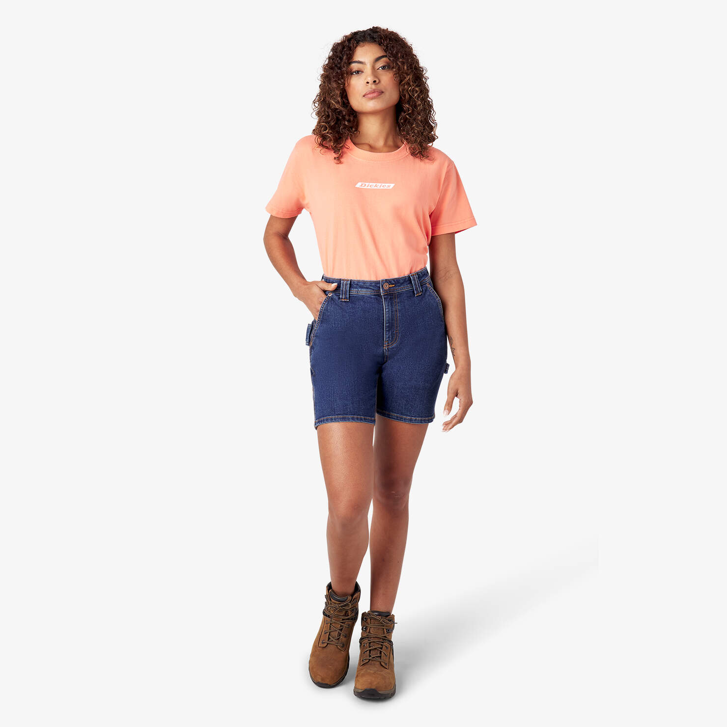 Model with Dickies Women’s Relaxed Fit Denim Carpenter Shorts
