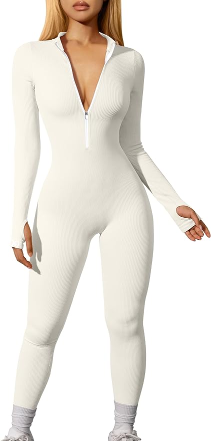 OQQ Beige Women Yoga Jumpsuits Workout Ribbed Long Sleeve Zip Front Sport Jumpsuits front from Amazon