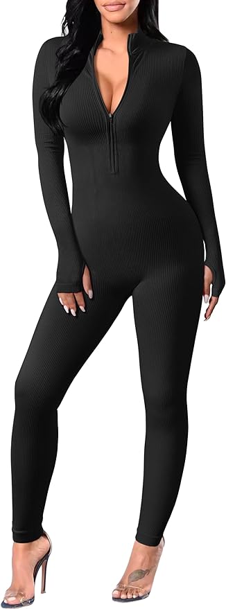 TOB Black Women Yoga Jumpsuits Workout Ribbed Long Sleeve Zip Front Exercise Jumpsuits front from Amazon
