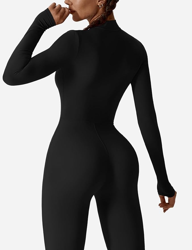 YEOREO Women Black Workout Jumpsuit Zip Up Romper Bottom Pants Long Sleeve Bodysuit Bodycon Sexy One Piece back side from Amazon