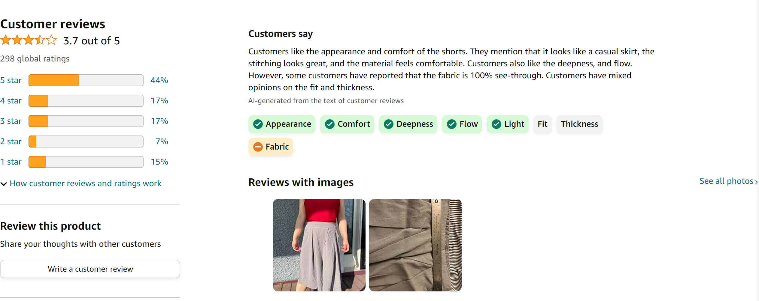 CHARTOU Woman's Casual Loose Fit Stretched Waist Knee Length Wide Leg Culottes Shorts from Amazon  Reviews (screenshot taken on 2024-3-04)